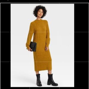 Women’s Long-Sleeve Olive Midi Rib-Knit Sweater Dress